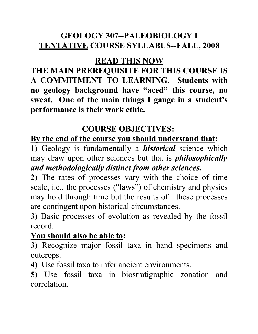 Tentative Course Syllabus Fall, 2008