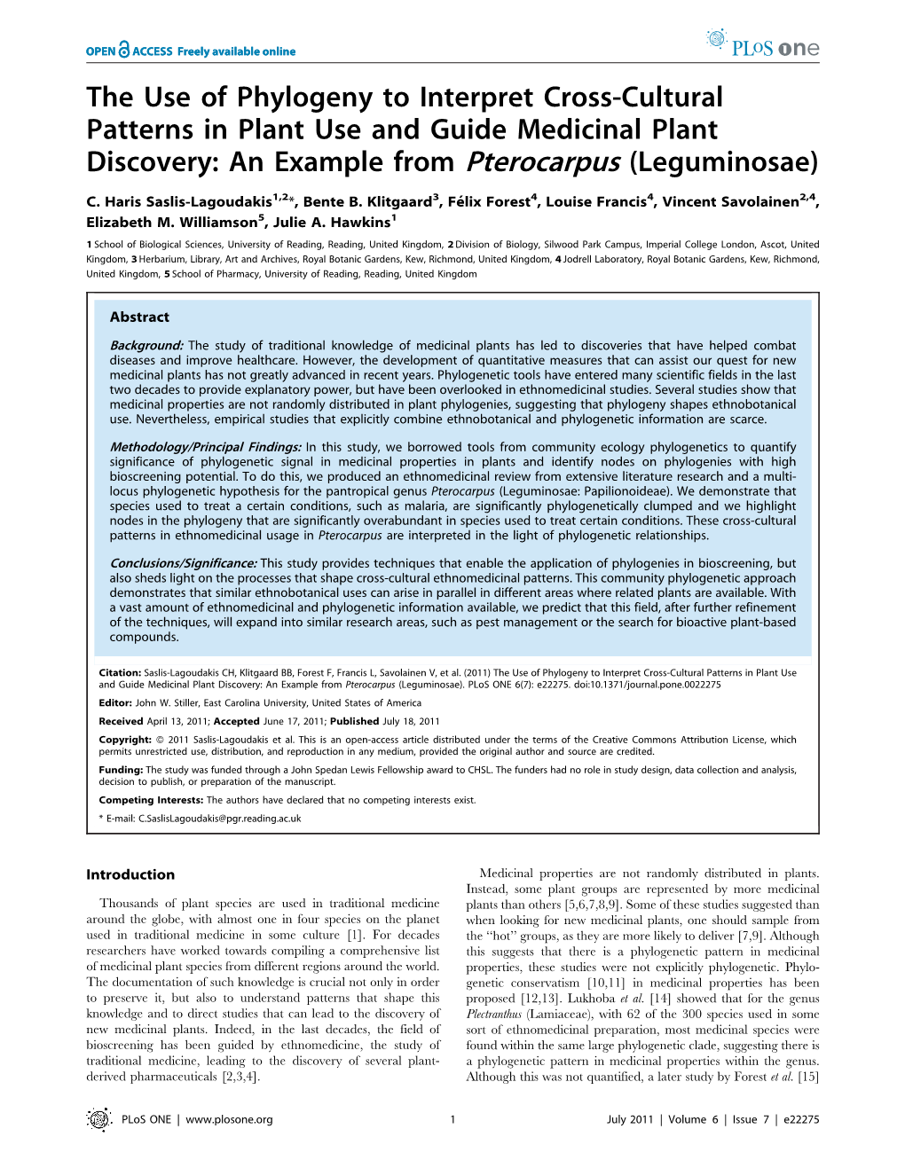 The Use of Phylogeny to Interpret Cross-Cultural Patterns in Plant Use and Guide Medicinal Plant Discovery: an Example from Pterocarpus (Leguminosae)