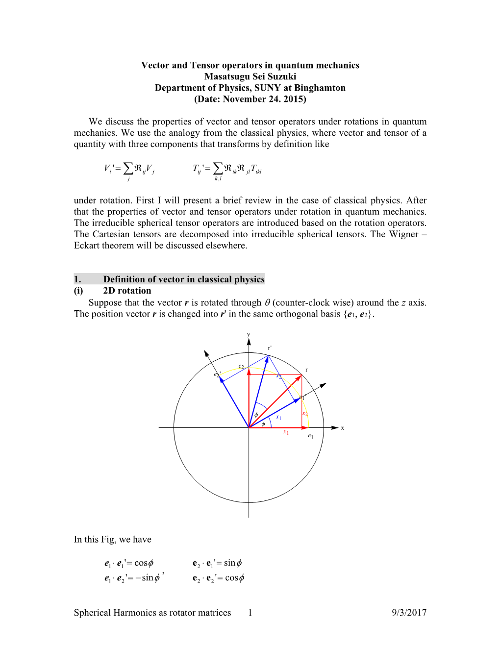 Vector and Tensor Operators in Quantum Mechanics Masatsugu Sei Suzuki Department of Physics, SUNY at Binghamton (Date: November 24