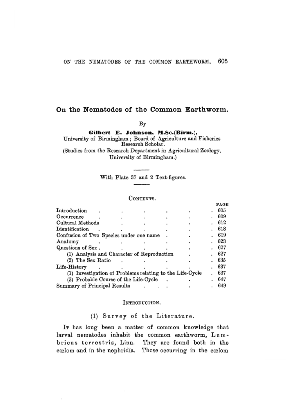 On the Nematodes of the Common Earthworm. by Gilbert E