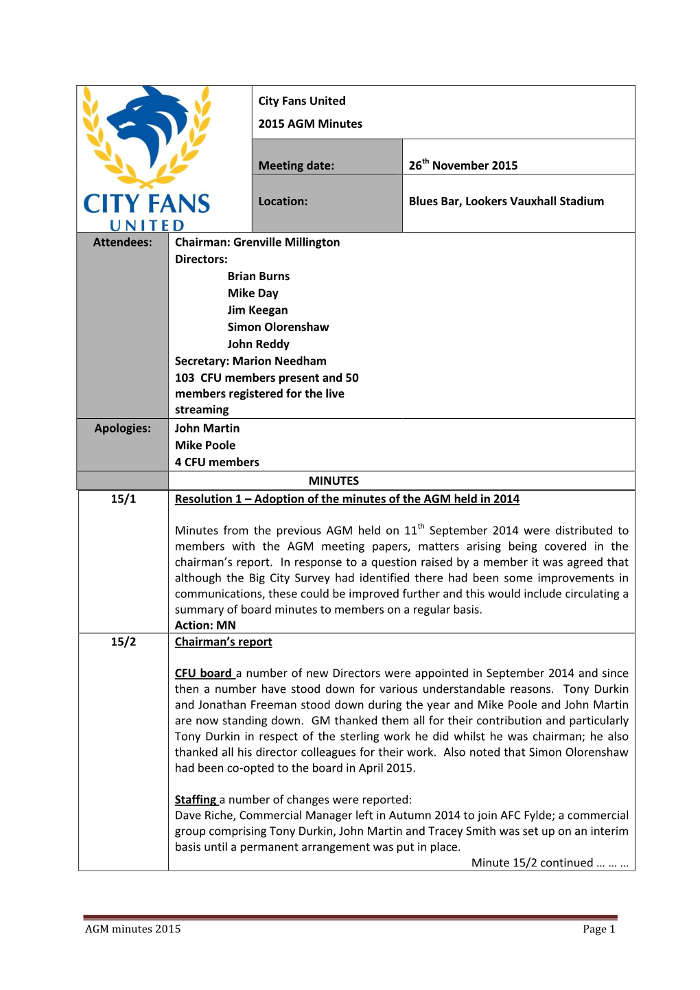 City Fans United 2015 AGM Minutes Meeting Date: 26Th November 2015