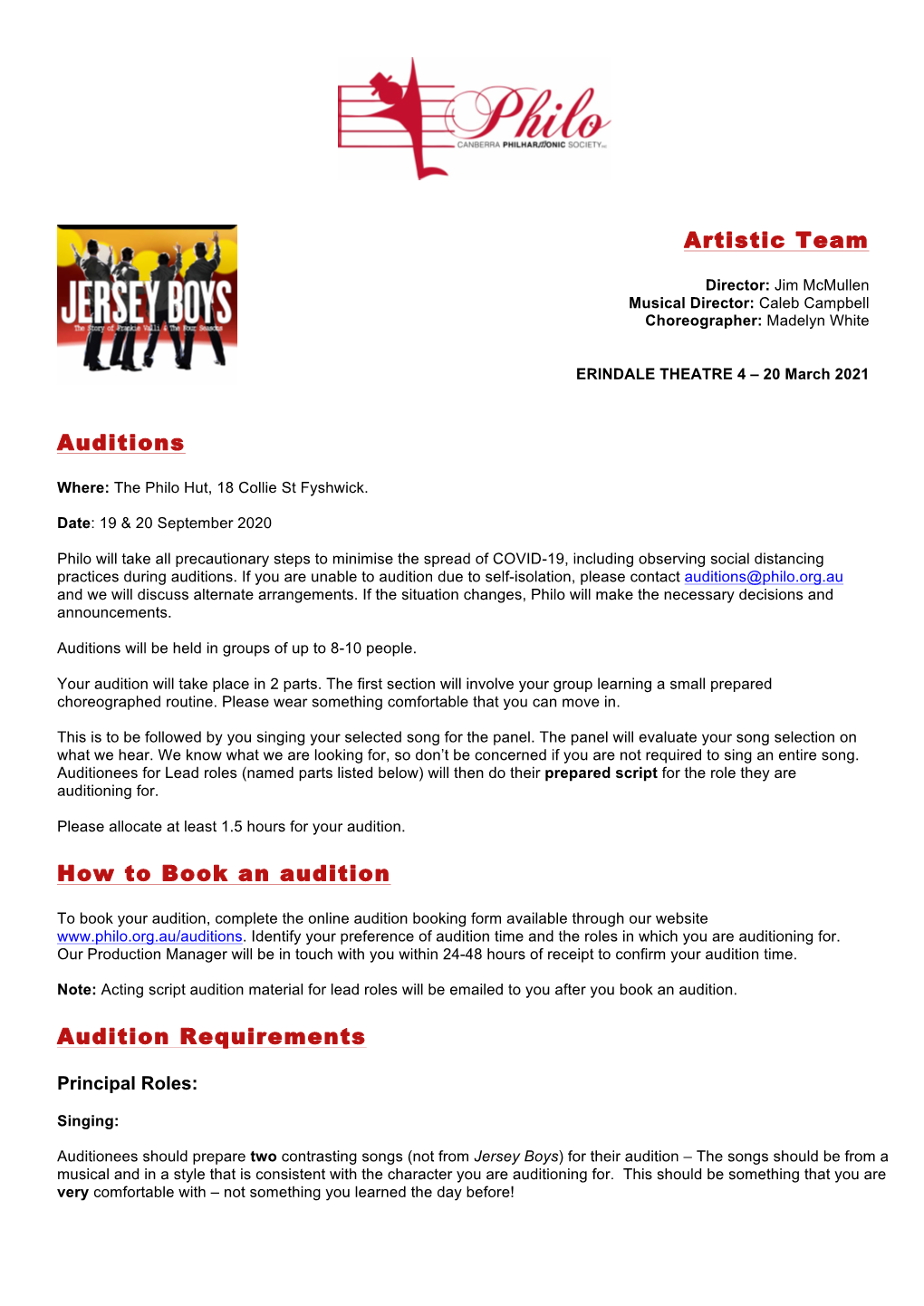 Artistic Team Auditions How to Book an Audition Audition Requirements