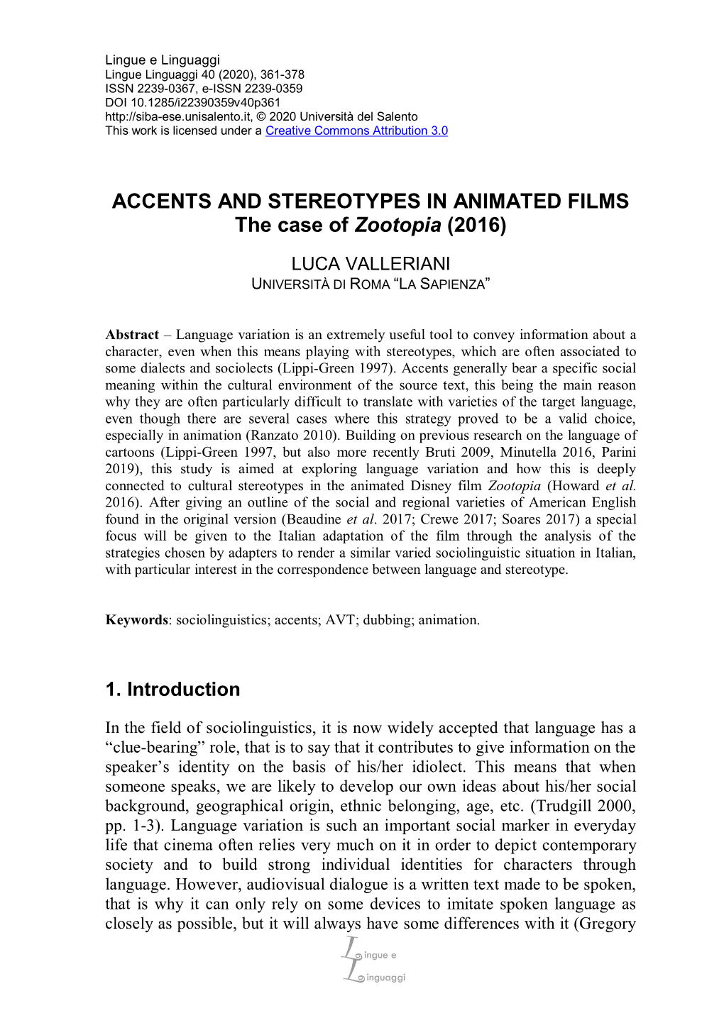 ACCENTS and STEREOTYPES in ANIMATED FILMS the Case of Zootopia (2016)