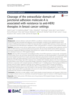Cleavage of the Extracellular Domain of Junctional Adhesion Molecule-A Is Associated with Resistance to Anti-HER2 Therapies in Breast Cancer Settings Astrid O