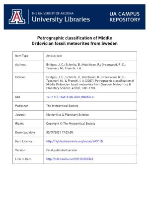 Petrographic Classification of Middle Ordovician Fossil Meteorites from Sweden