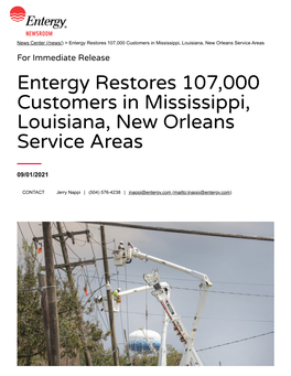 Entergy Restores 107,000 Customers in Mississippi, Louisiana, New Orleans Service Areas