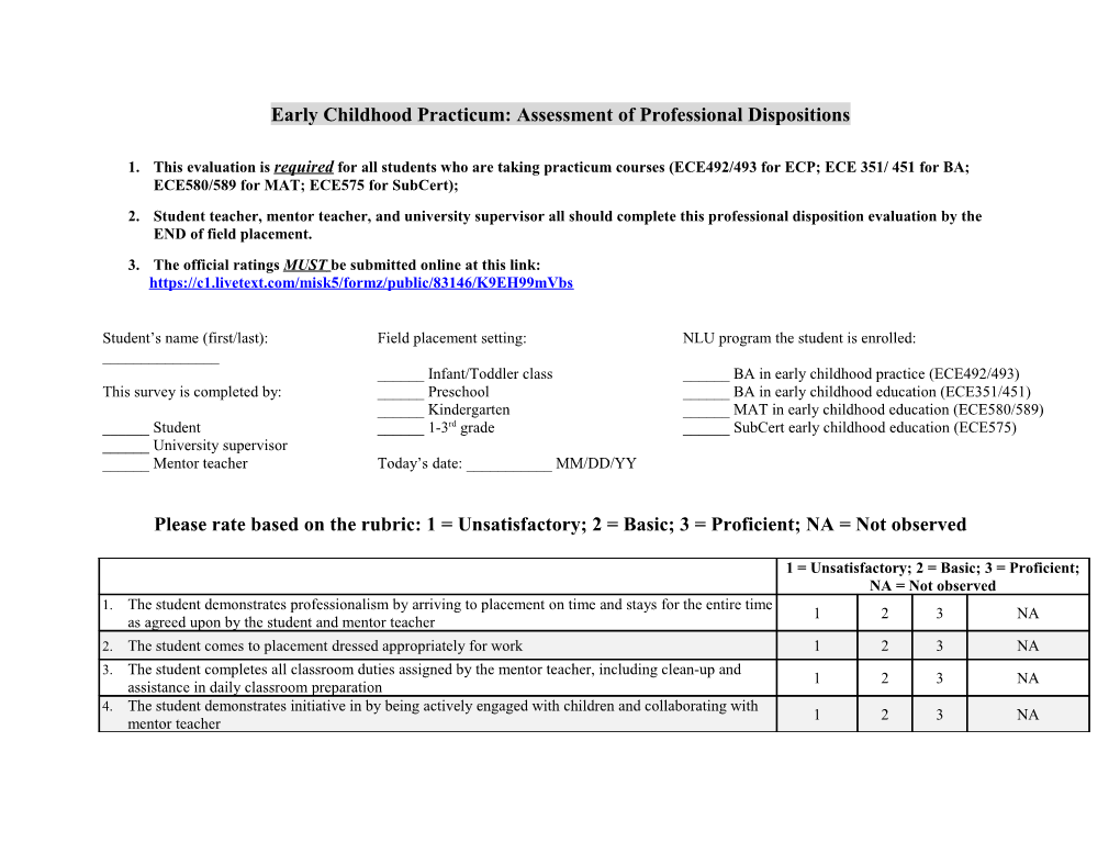 ECE460 Early Childhood Practicum, Assessment of Professional Dispositions