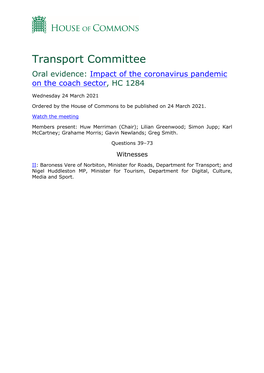 Transport Committee Oral Evidence: Impact of the Coronavirus Pandemic on the Coach Sector, HC 1284