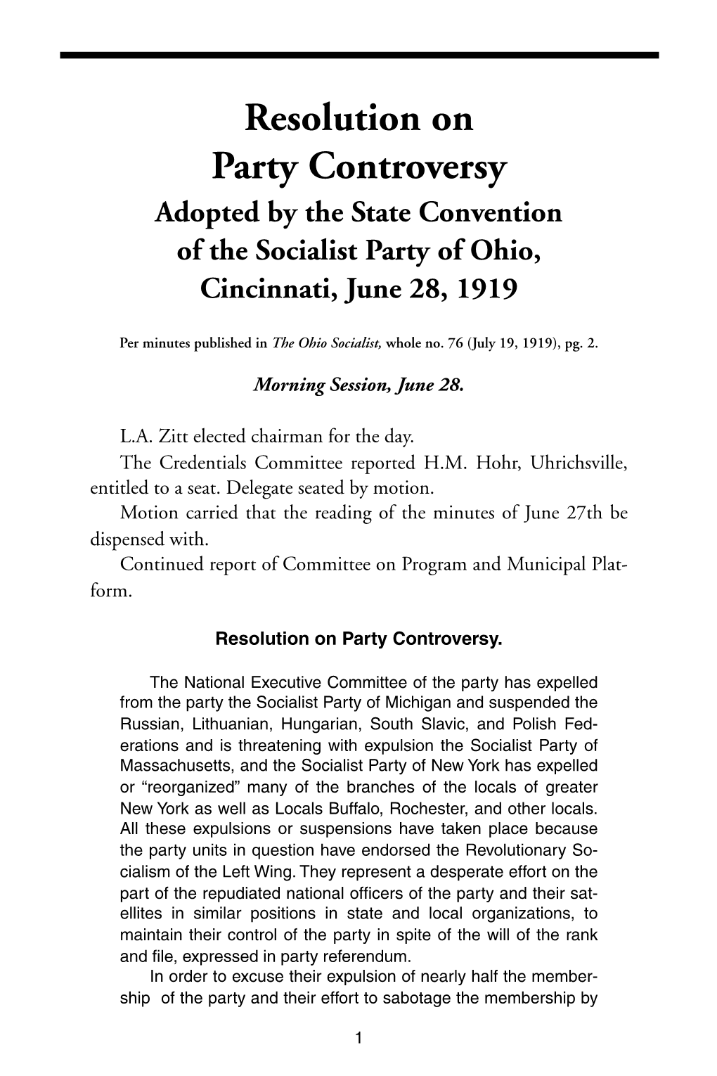 Resolution on Party Controversy: Adopted by the State Convention Of
