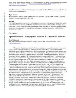 Special Collections Cataloging at a Crossroads: a Survey of ARL Libraries.” Journal of Academic Librarianship 30 (2004): 294-303