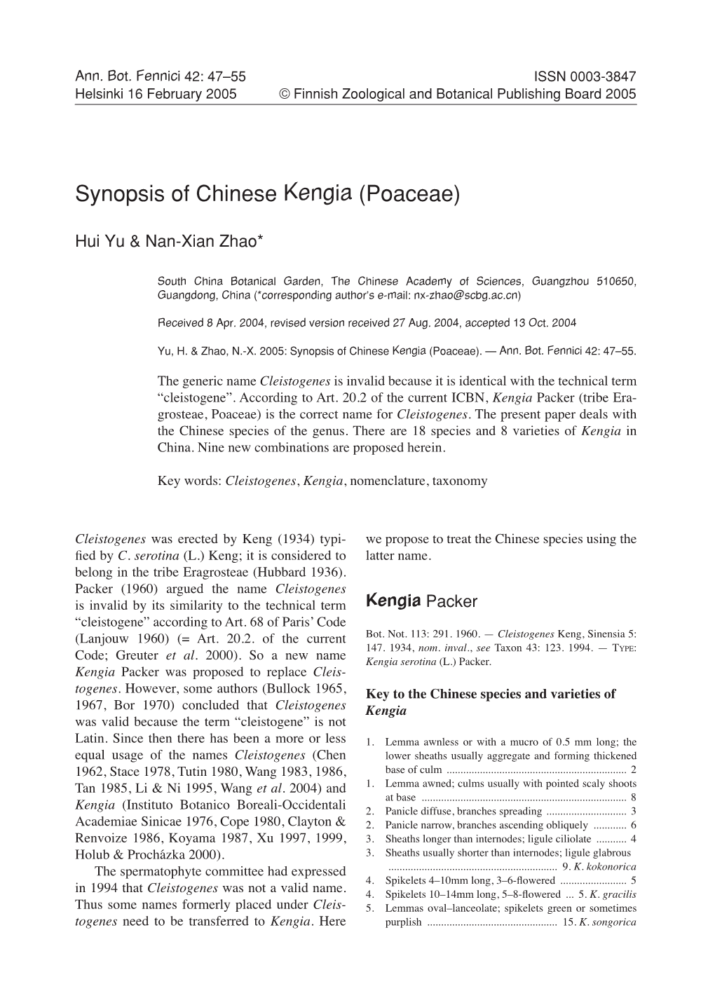 Synopsis of Chinese Kengia (Poaceae)