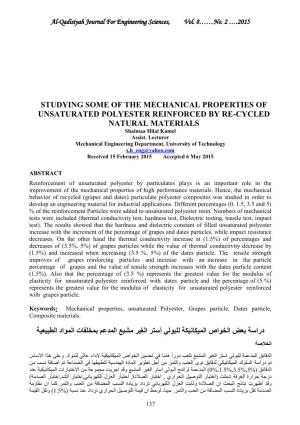 STUDYING SOME of the MECHANICAL PROPERTIES of UNSATURATED POLYESTER REINFORCED by RE-CYCLED NATURAL MATERIALS Shaimaa Hilal Kamel Assist