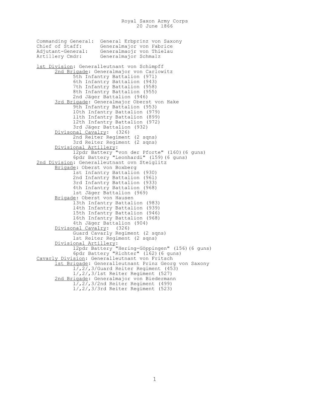Royal Saxon Army Corps, 20 June 1866