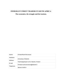 IMMIGRANT STREET TRADERS in SOUTH AFRICA: the Economics, the Struggle and the Tensions