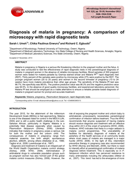 Diagnosis of Malaria in Pregnancy: a Comparison of Microscopy with Rapid Diagnostic Tests