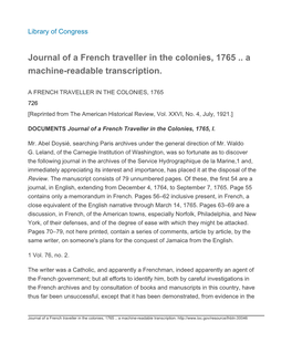 Journal of a French Traveller in the Colonies, 1765 .. a Machine-Readable Transcription