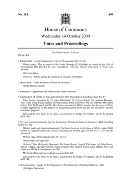 House of Commons Wednesday 14 October 2009 Votes and Proceedings