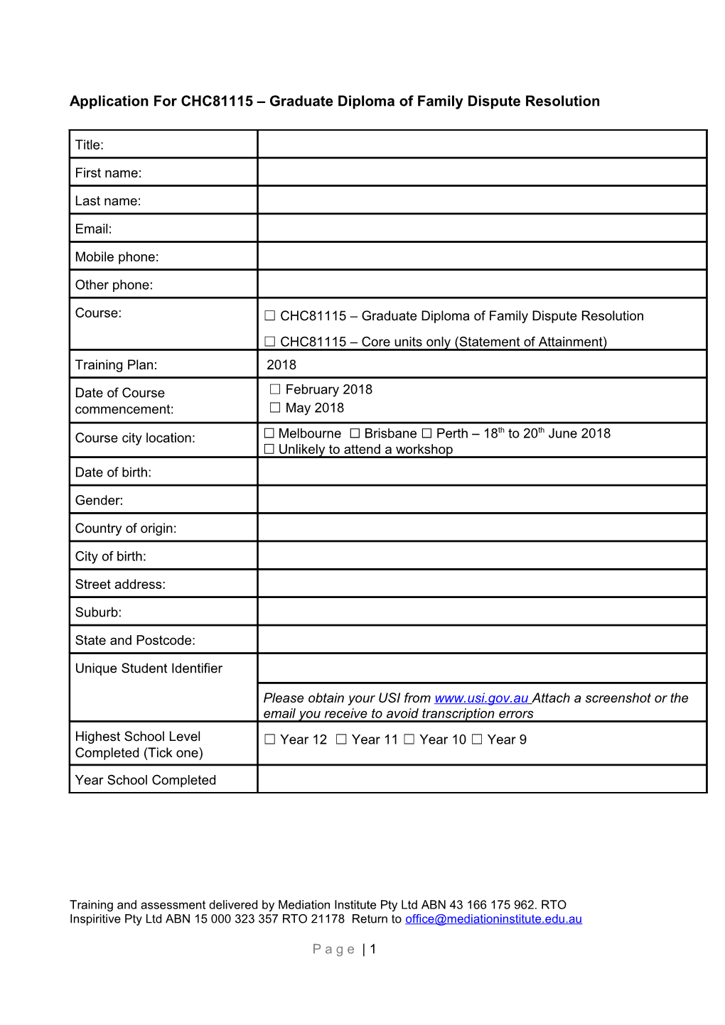 Application for CHC81115 Graduate Diploma of Family Dispute Resolution