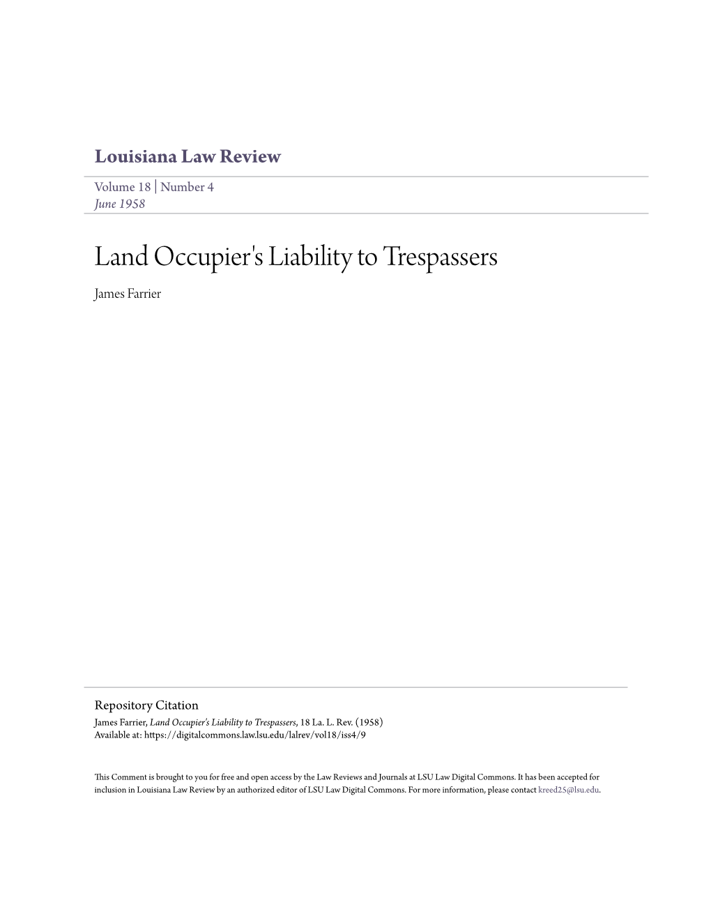 Land Occupier's Liability to Trespassers James Farrier