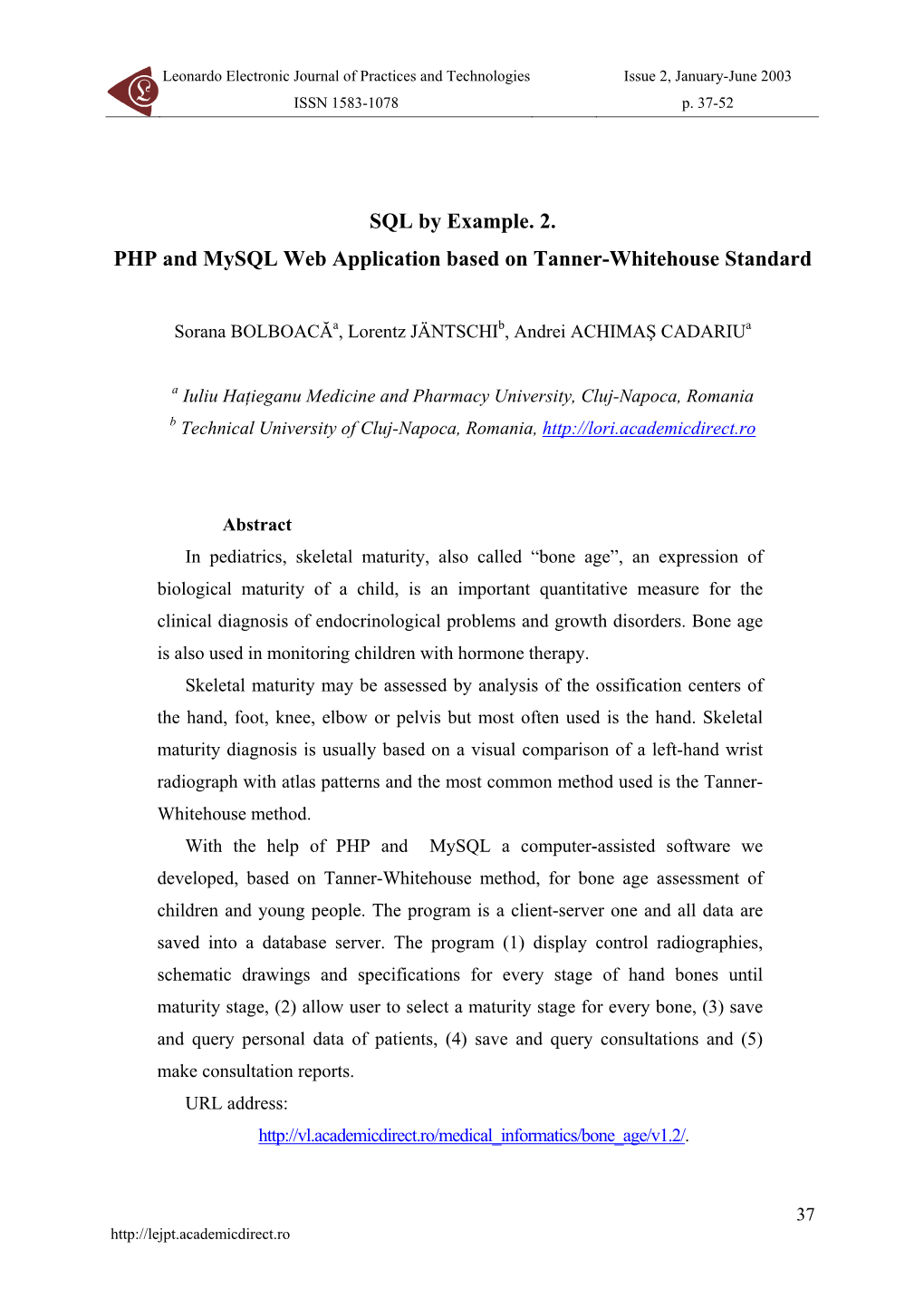 SQL by Example. 2. PHP and Mysql Web Application Based on Tanner-Whitehouse Standard