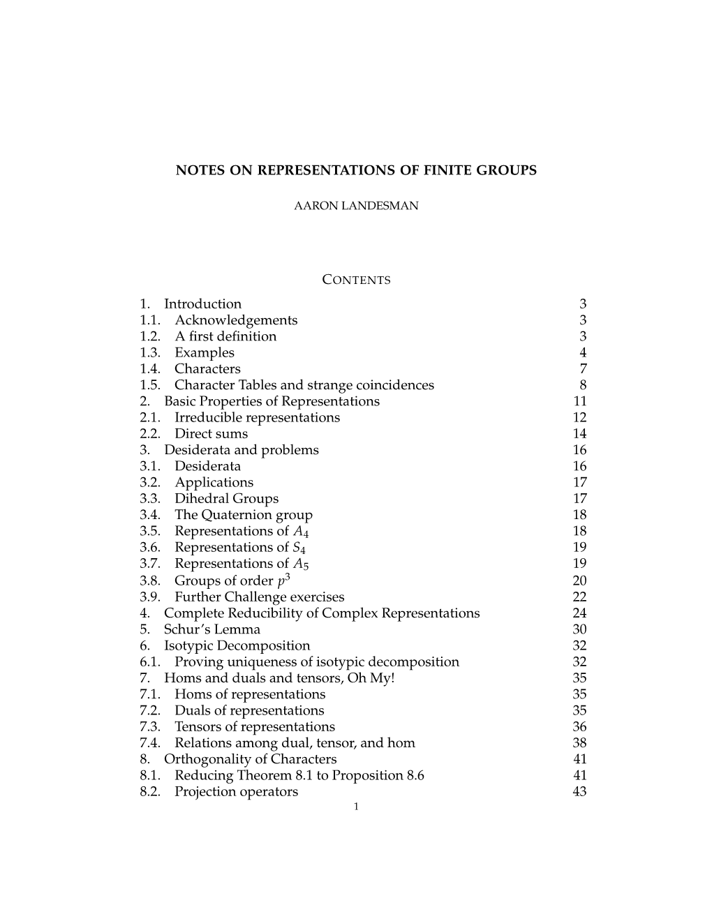 Notes on Representations of Finite Groups