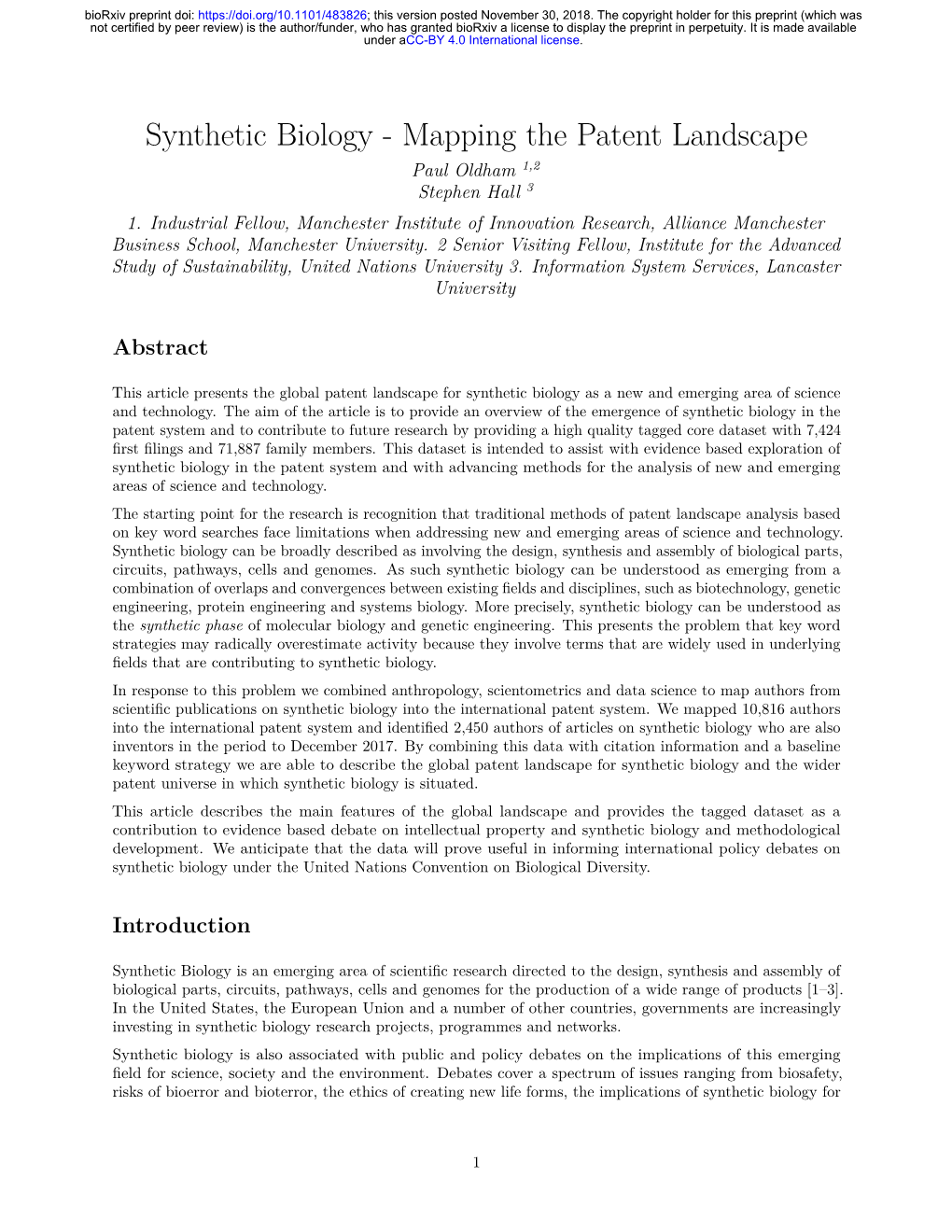 Synthetic Biology - Mapping the Patent Landscape Paul Oldham 1,2 Stephen Hall 3 1