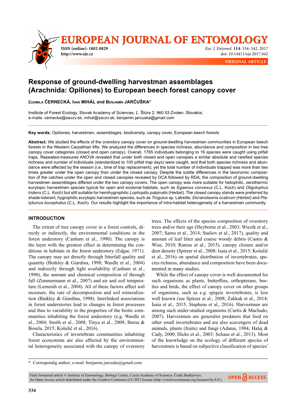 (Arachnida: Opiliones) to European Beech Forest Canopy Cover