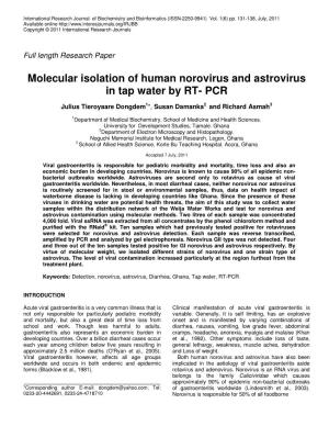 Molecular Isolation of Human Norovirus and Astrovirus in Tap Water by RT- PCR