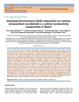 (Gxe) Interaction on Cashew (Anacardium Occidentale L.) Cultivar Productivity Components in Benin