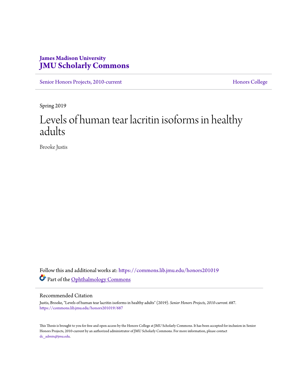 Levels of Human Tear Lacritin Isoforms in Healthy Adults Brooke Justis