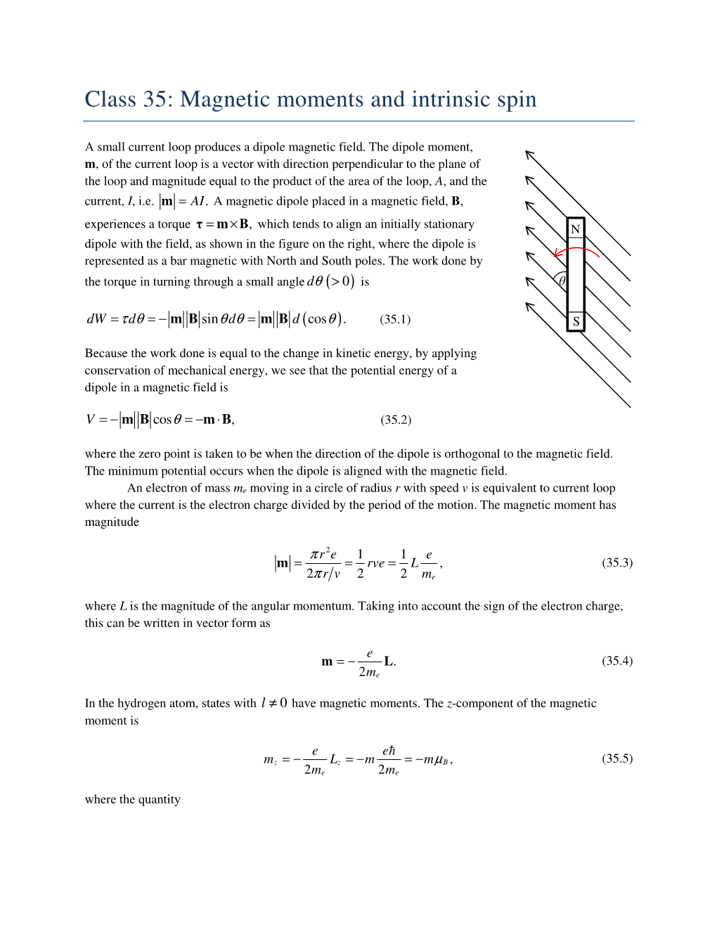 Class 35: Magnetic Moments and Intrinsic Spin