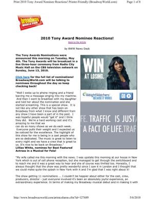 2010 Tony Award Nominee Reactions! Printer-Friendly (Broadwayworld.Com) Page 1 of 8