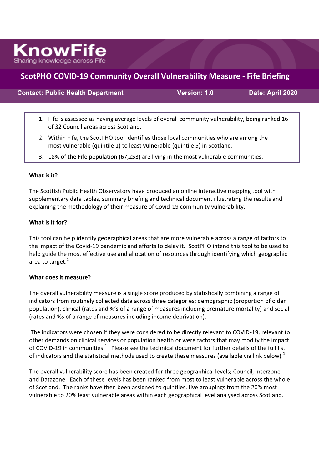 Scotpho COVID-19 Community Overall Vulnerability Measure - Fife Briefing