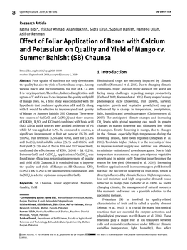 Effect of Foliar Application of Boron with Calcium and Potassium on Quality and Yield of Mango Cv