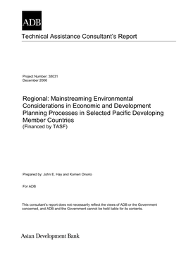 Mainstreaming Environmental Considerations in Economic and Development Planning Processes in Selected Pacific Developing Member Countries (Financed by TASF)