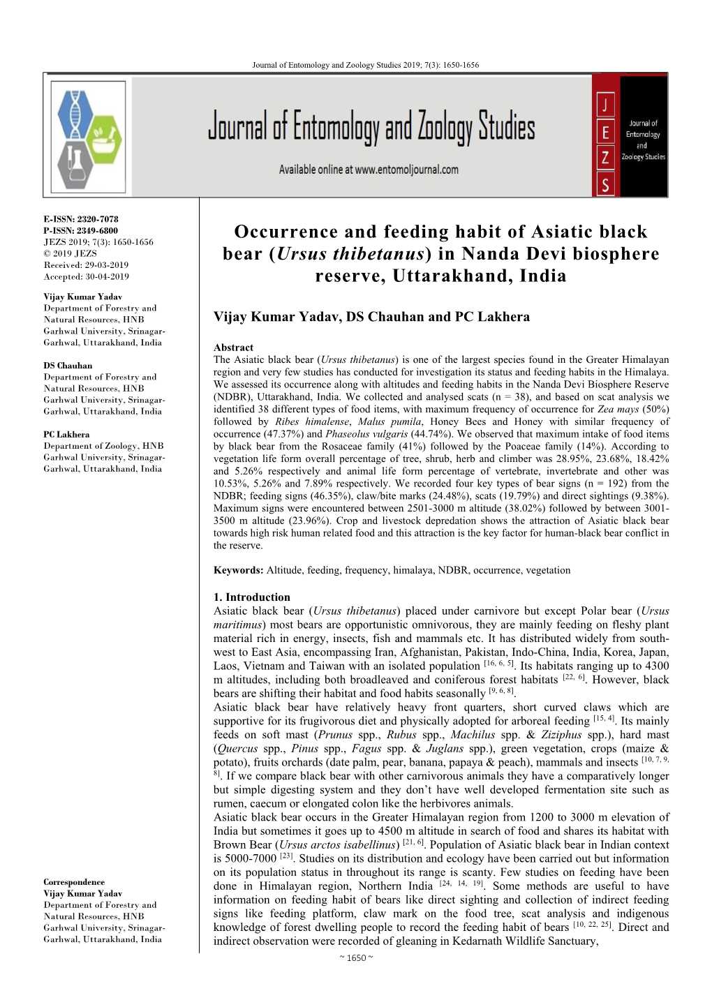 Occurrence and Feeding Habit of Asiatic Black Bear (Ursus Thibetanus