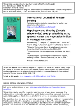 Mapping Swamp Timothy (Crypsis Schoenoides) Seed Productivity