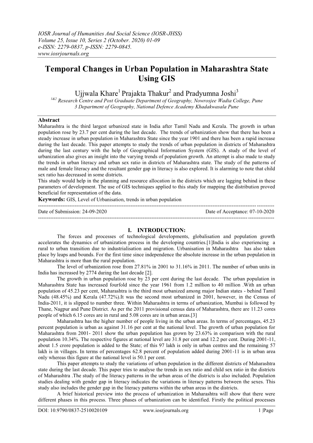 Temporal Changes in Urban Population in Maharashtra State Using GIS