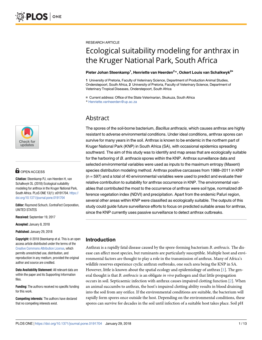 Ecological Suitability Modeling for Anthrax in the Kruger National Park, South Africa