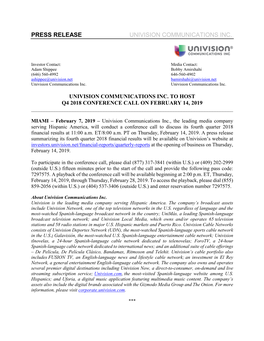 Univision Communications Inc. to Host Q4 2018 Conference Call on February 14, 2019 ______