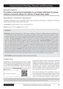 Prevalence of Menstrual Irregularities in Correlation with Body Fat Among Students of Selected Colleges in a District of Tamil Nadu, India