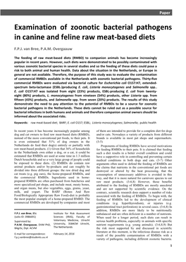 Examination of Zoonotic Bacterial Pathogens in Canine and Feline Raw Meat-Based Diets