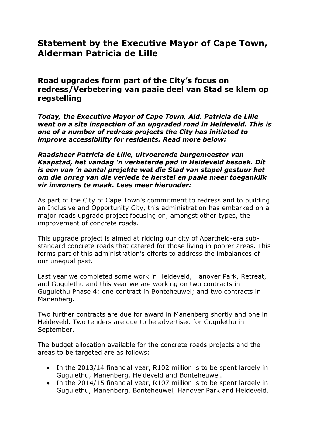 Statement by the Executive Mayor of Cape Town, Alderman Patricia De Lille