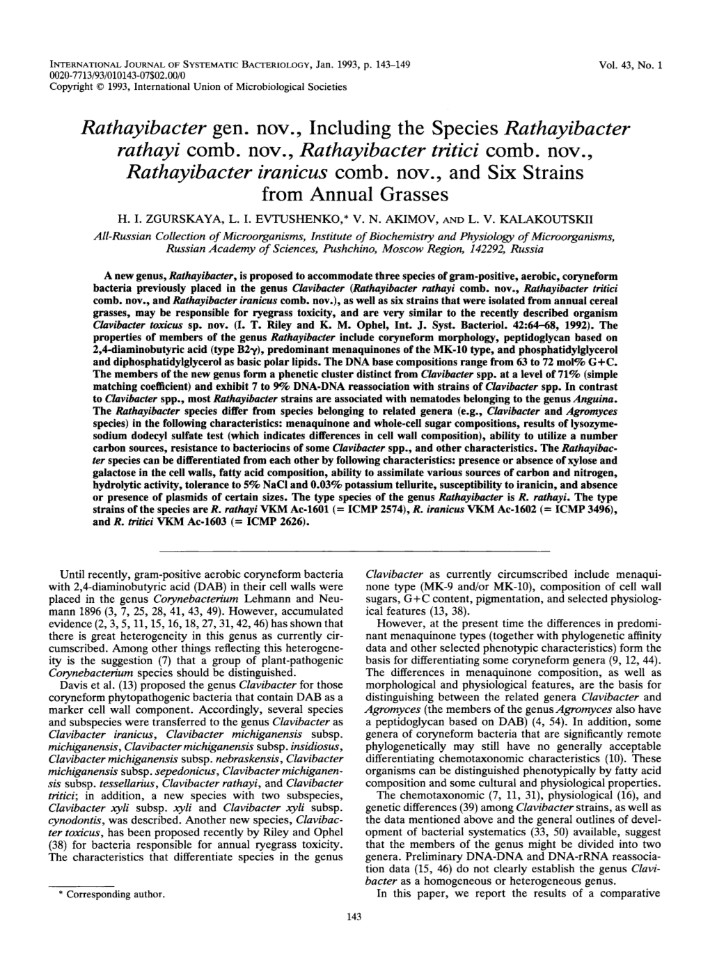 Rathayibacter Rathayi Comb , Nov,, Rathayibacter Tritici Comb , Nov,, Rathayibacter Iranicus Comb, Nov., and Six Strains from Annual Grasses H