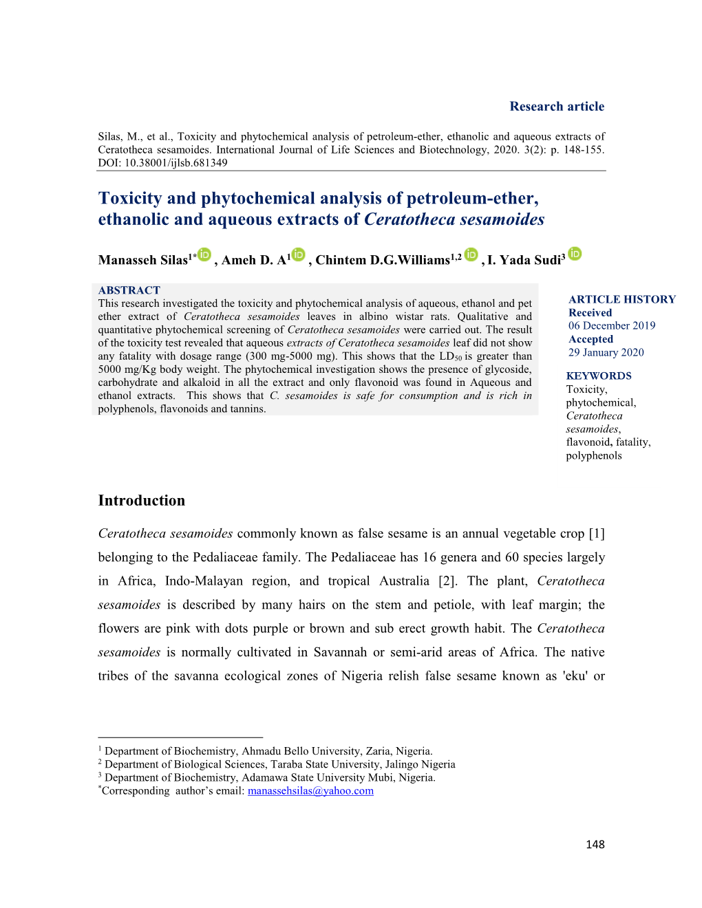 Toxicity and Phytochemical Analysis of Petroleum-Ether, Ethanolic and Aqueous Extracts of Ceratotheca Sesamoides