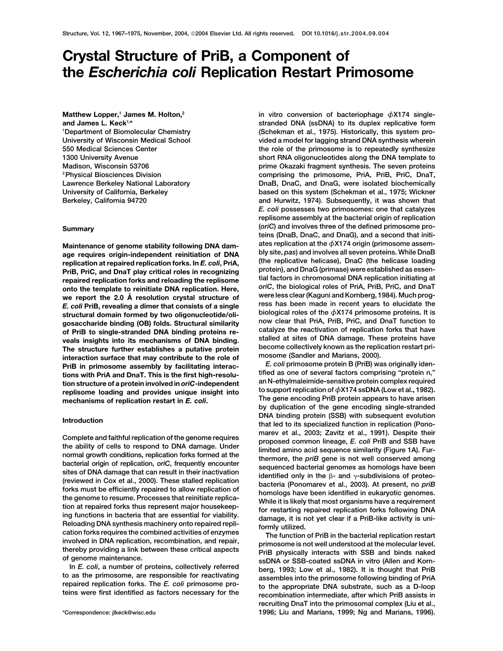 Crystal Structure of Prib, a Component of the Escherichia Coli Replication Restart Primosome