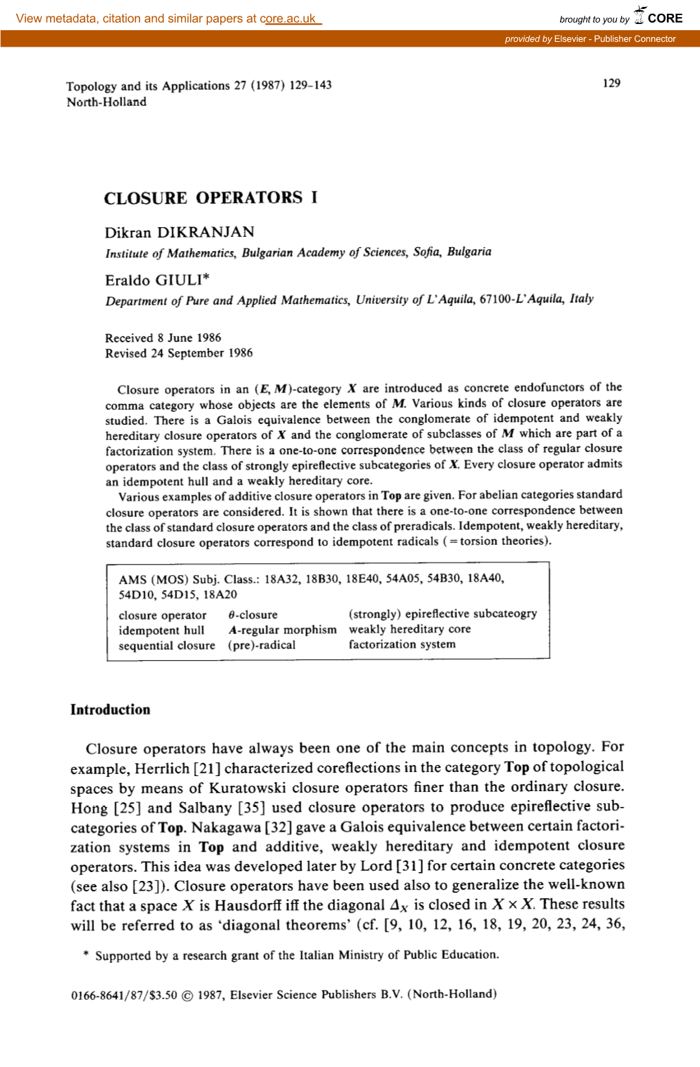 CLOSURE OPERATORS I Dikran DIKRANJAN Eraldo GIULI