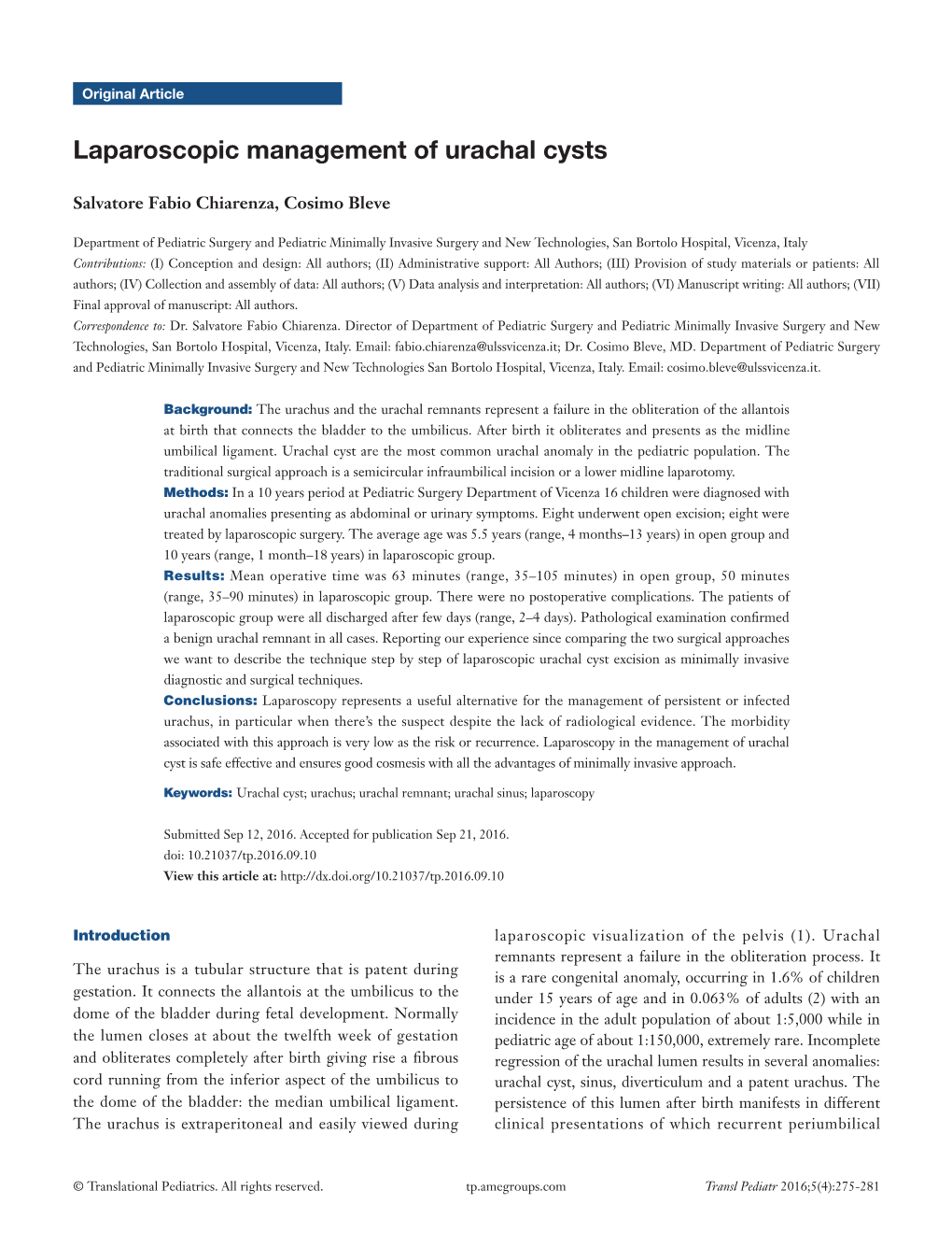 Laparoscopic Management of Urachal Cysts