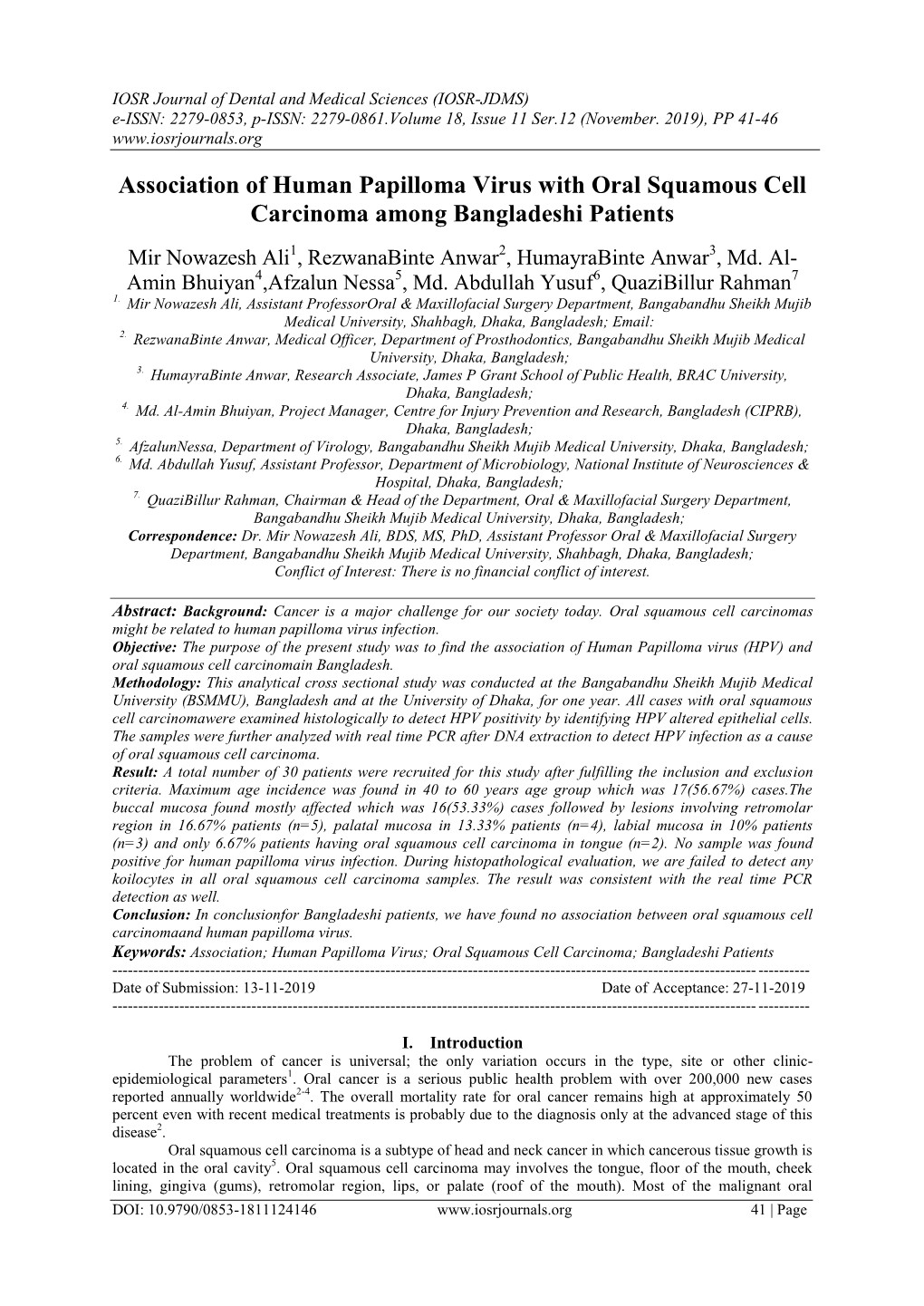 Association of Human Papilloma Virus with Oral Squamous Cell Carcinoma Among Bangladeshi Patients