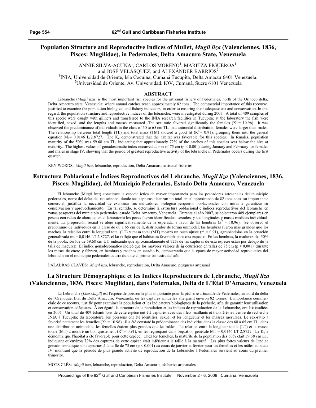 Population Structure and Reproductive Indices of Mullet, Mugil Liza (Valenciennes, 1836, Pisces: Mugilidae), in Pedernales, Delta Amacuro State, Venezuela